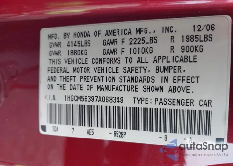 2007 Honda Accord 2.4 Se из США, поврежденный, VIN 1HGCM56397A068349